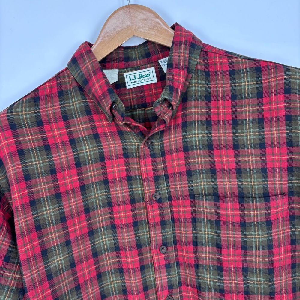 VTG LL Bean Northwoods Flannel Shirt Mens Large Tall Red Plaid Made In USA FLAW